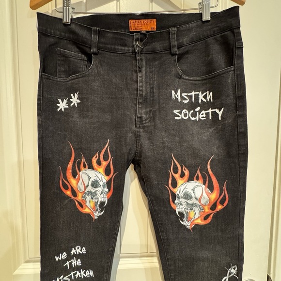 MSTKN Society Skull Flame Graphic Jeans Mens 32 Black Punk Gothic Streetwear